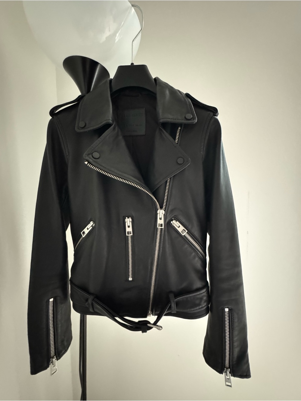 AllSaints Black Leather Biker Jacket with Silver Hardware
